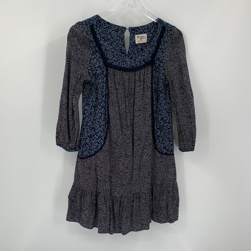 Holding Horses Anthropologie colorblock mini dress navy black print ruffle Small